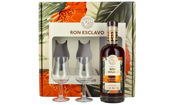 Ron Esclavo GRAN RESERVA OVERPROOF Ron Dominicana 57,5% Vol. 0,5l dovanų dėžutėje su dviem taurėmis