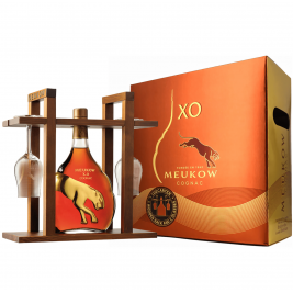 Meukow X.O. Cognac Gold Limited edition Wooden 0.7l, 40% Vol su dviem taurėmis ir stovu