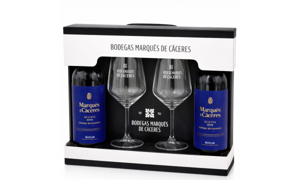 Marqués de Cáceres Reserva 2019 13,5% Vol, 2 x 0.75l. dovanų dežutėje su taurėmis Marqués de Cáceres Reserva 2019 13,5% Vol, 2 x 0.75l. dovanų dežutėje su taurėmis