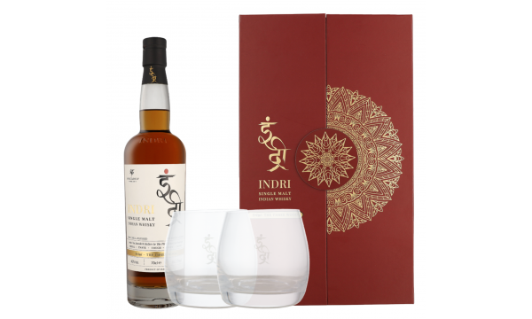 Indri Trini Single Malt 46% Vol. 0.7L. dovanų dežutėje su dviem taurėmis