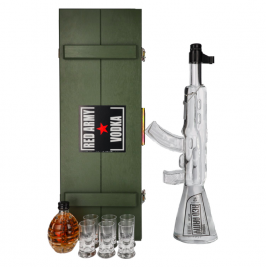 Army AK-47 Vodka 40% Vol. 1l dovanų dėžutėjė su 0,2l žolelių likeriu granatoje ir 6 taurelėmis