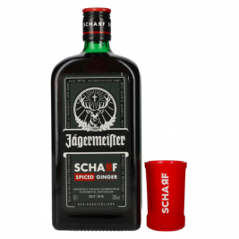 Jägermeister SCHARF SPICED Ginger Kräuterlikör 33% Vol. 0,7l dovanų dėžutėje su taurele