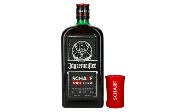 Jägermeister SCHARF SPICED Ginger Kräuterlikör 33% Vol. 0,7l dovanų dėžutėje su taurele