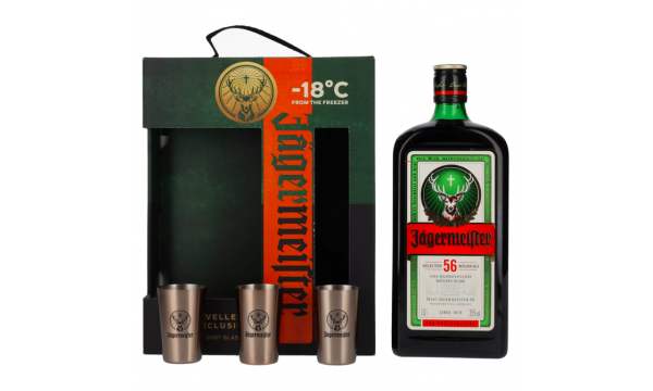 Jägermeister TRAVELLERS' EXCLUSIVE 35% Vol. 1l dovanų dėžutėje su 3 metalinėm taurelėm