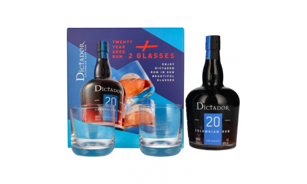 Dictador 20 Years Old ICON RESERVE Colombian Rum 40% Vol. 0,7l dovanų dėžutėje su 2 taurėmis