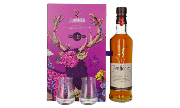 Glenfiddich 15 OUR SOLERA Single Malt Scotch Whisky 40% Vol. 0,7l dovanų dėžutėje su 2 taurėmis