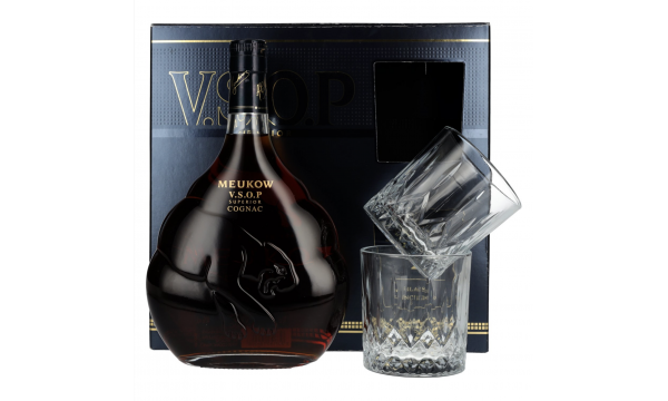 Meukow V.S.O.P Superior Cognac 40% Vol. 0,7l dovanų dėžutėje su 2 taurėmis