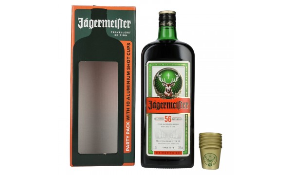 Jägermeister TRAVELLERS' EXCLUSIVE 35% Vol. 1,75l dovanų dėžutėje su 10 metalinių "Shot" taurių