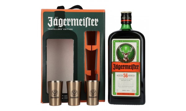 Jägermeister TRAVELLERS' EXCLUSIVE 35% Vol. 1l dovanų dėžutėje su 3 metalinėmis šoto taurėmis Jägermeister TRAVELLERS' EXCLUSIVE 35% Vol. 1l dovanų dėžutėje su 3 metalinėmis šoto taurėmis