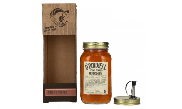 O'Donnell Moonshine STICKY TOFFEE Liqueur 25% Vol. 0,7l dovanų dėžutėje su piltuvėliu