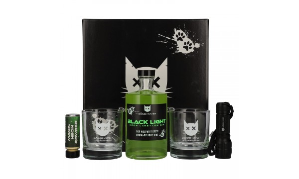 BÖSER KATER Black Light Neon Limetten Gin 40% Vol. 0,5l dovanų dėžutėje su UV žibintu ir akiniais