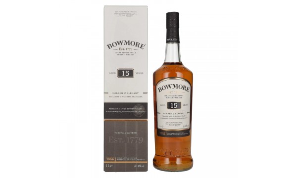 Bowmore 15 Years Old GOLDEN & ELEGANT Travel Exclusive 43% Vol. 1l dovanų dėžutėje