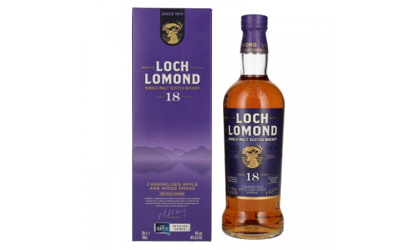 Loch Lomond 18 metų vieno malto viskis karamelizuotas obuolys ir medienos dūmai 46% vol. 0,7 l dovanų dėžutėje