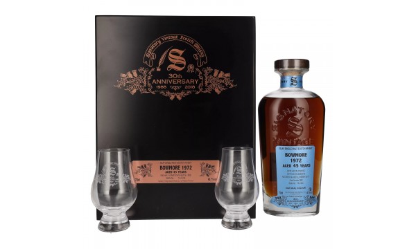 Signatory Vintage BOWMORE 45 metų 30-asis jubiliejus 1972 46,7% Vol. 0,7l medinėje dėžėje su 2 taurėmis