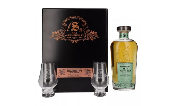 Signatory Vintage MOSSTOWIE 45 Years Old 30th ANNIVERSARY 1973 51,6% Vol. 0,7l medinėje dėžėje su 2 taurėmis
