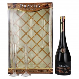 Pravda ESPRESSO Flavored Vodka 37,5% Vol. 0,7l dovanų dėžutėje su 2 taurelėmis