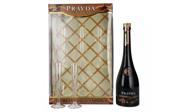 Pravda ESPRESSO Flavored Vodka 37,5% Vol. 0,7l dovanų dėžutėje su 2 taurelėmis