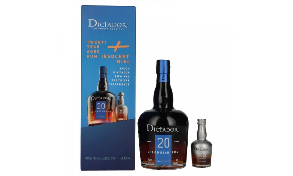 Dictador 20 Years Old ICON RESERVE Colombian Rum 40% Vol. 0,7l dovanų dėžutėje su Dictador XO Insolent Miniatur 0,05l