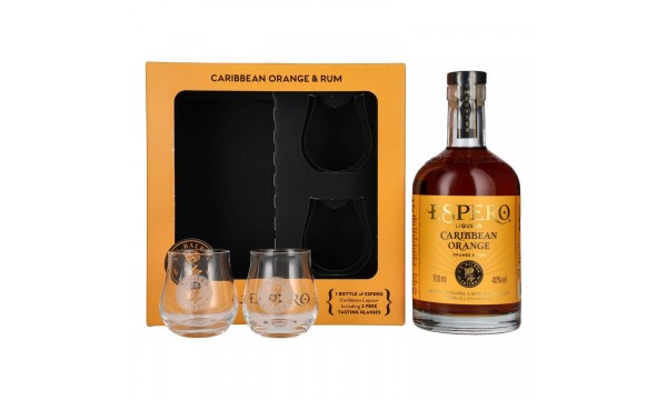 Ron Espero Caribbean Orange Liqueur 40% Vol. 0,7l dovanų dėžutėje su 2 stiklinėmis Ron Espero Caribbean Orange Liqueur 40% Vol. 0,7l dovanų dėžutėje su 2 stiklinėmis