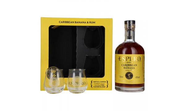 Ron Espero Caribbean Banana Rum Liqueur 40% Vol. 0,7l dovanų dėžutėje su 2 stiklinėmis Ron Espero Caribbean Banana Rum Liqueur 40% Vol. 0,7l dovanų dėžutėje su 2 stiklinėmis