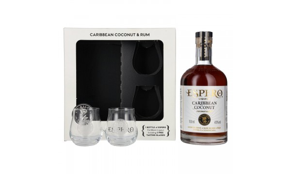 Ron Espero Caribbean Coconut & Rum Liqueur 40% Vol. 0,7l dovanų dėžutėje su 2 taurelėmis Ron Espero Caribbean Coconut & Rum Liqueur 40% Vol. 0,7l dovanų dėžutėje su 2 taurelėmis