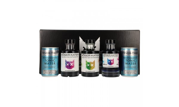 BÖSER KATER Farbwechsel Gin Tasting Set 40% Vol. 3x0,1l dovanų dėžutėje su 2×150 ml tonikais BÖSER KATER Farbwechsel Gin Tasting Set 40% Vol. 3x0,1l dovanų dėžutėje su 2×150 ml tonikais